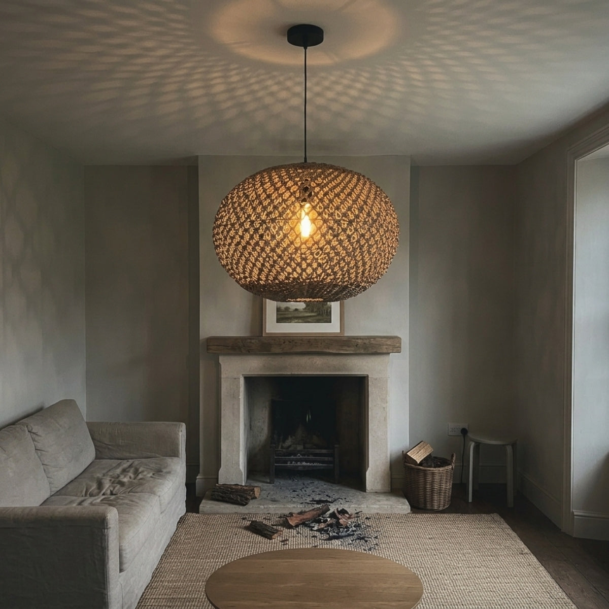 Antigua Flat Round Wicker Pendant Light in living room, 19.7-inch shade centers over the coffee table, open jute weave giving ambient rather than hard downlight