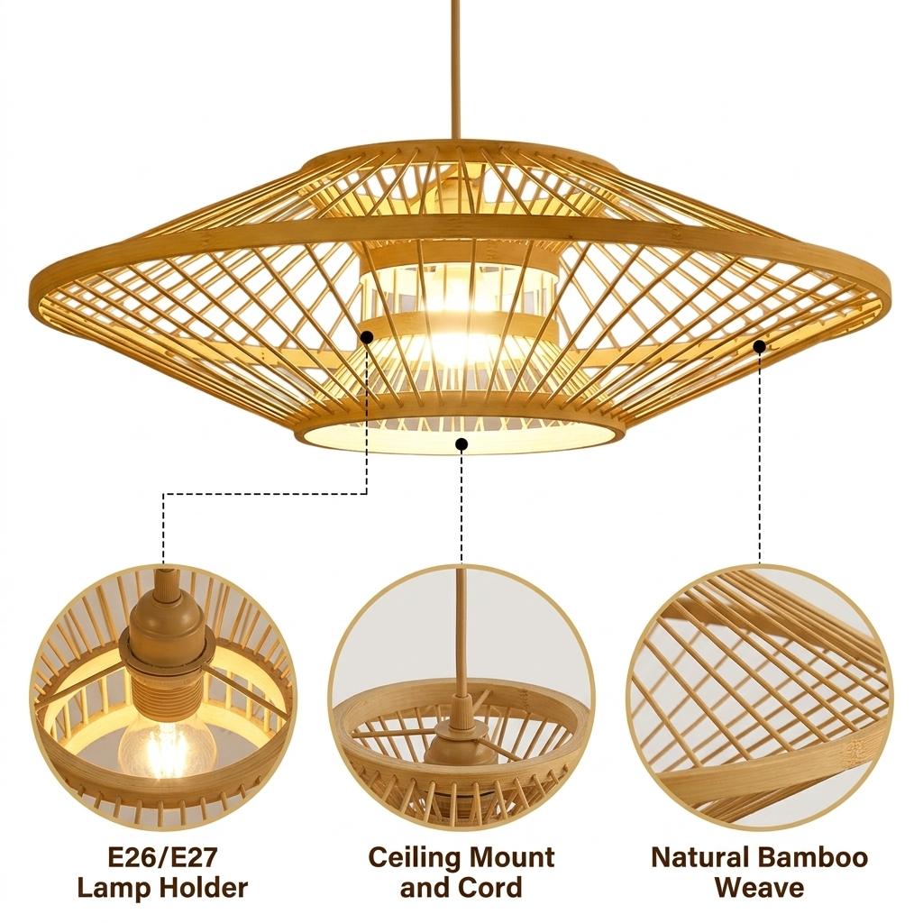 Antique Round Bamboo Pendant Light with open-weave bamboo pattern, natural matte finish, adjustable hardwired or plug-in mounting, one E26 socket casting warm ambient glow and shadow