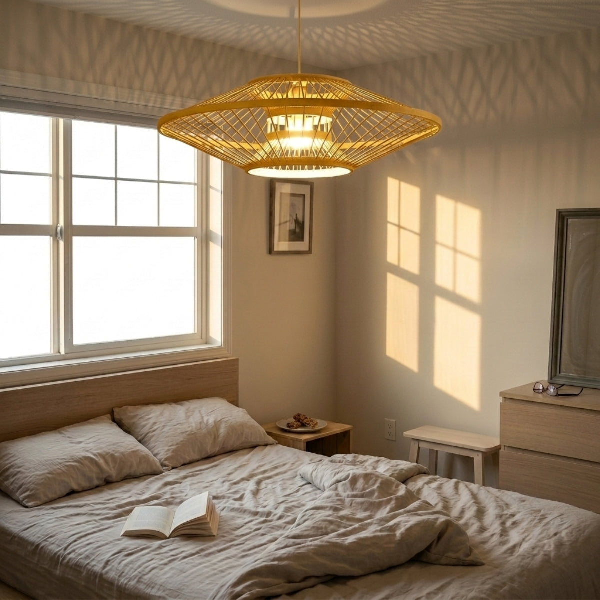 Antique Round Bamboo Pendant Light in bedroom, shade replaces a table lamp beside the bed, open weave casting a soft pattern across the ceiling and wall