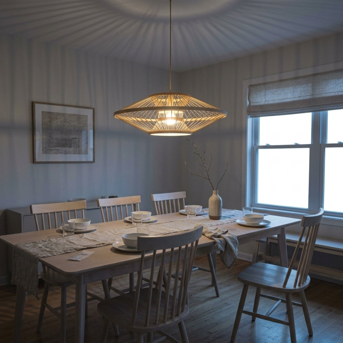 Antique Round Bamboo Pendant Light in dining room, mid-size shade covers the table width, woven bamboo diffusing light down onto place settings without eye-level glare