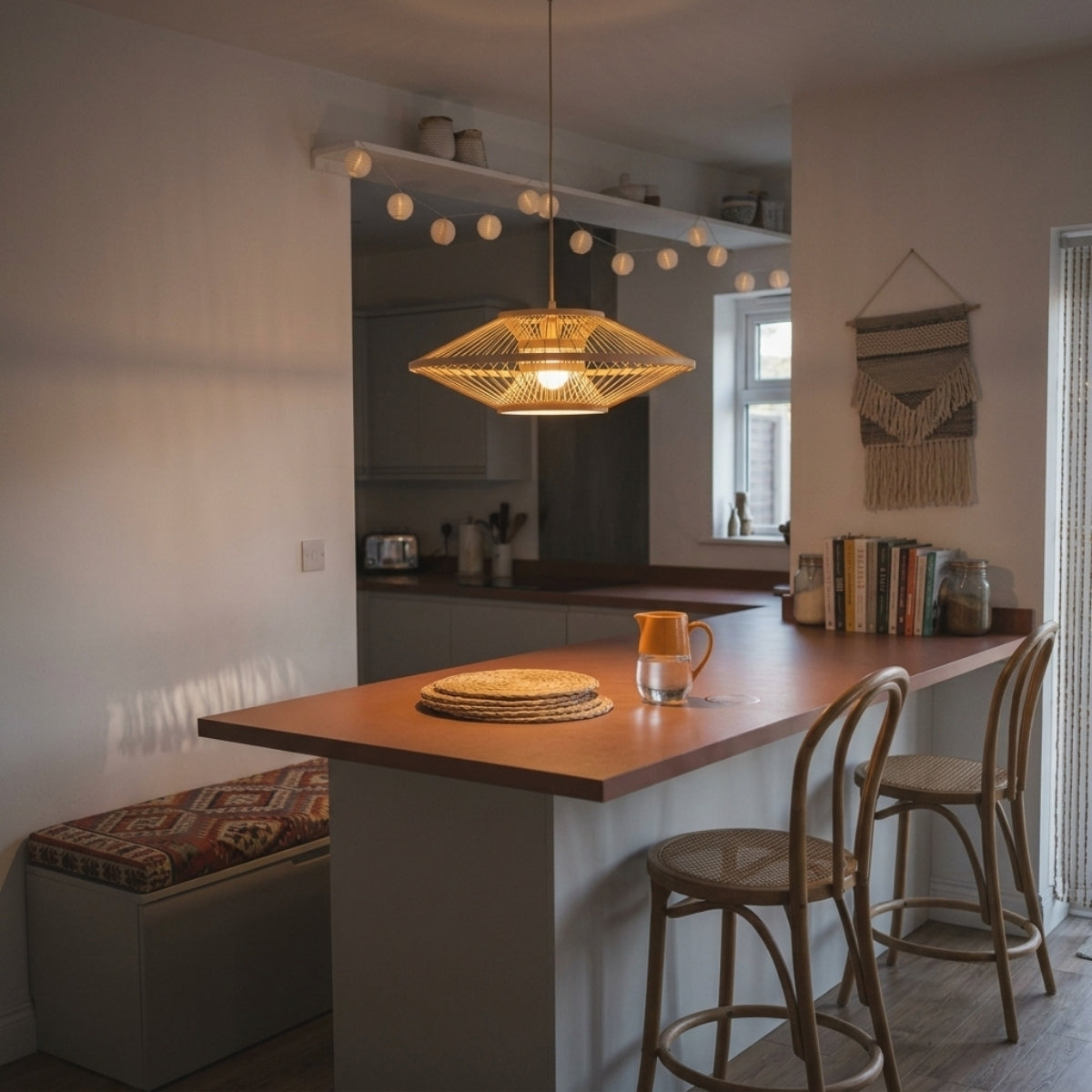 Antique Round Bamboo Pendant Light over kitchen island, clustered shades at consistent spacing, higher lumens and open weave lighting the work surface for prep tasks