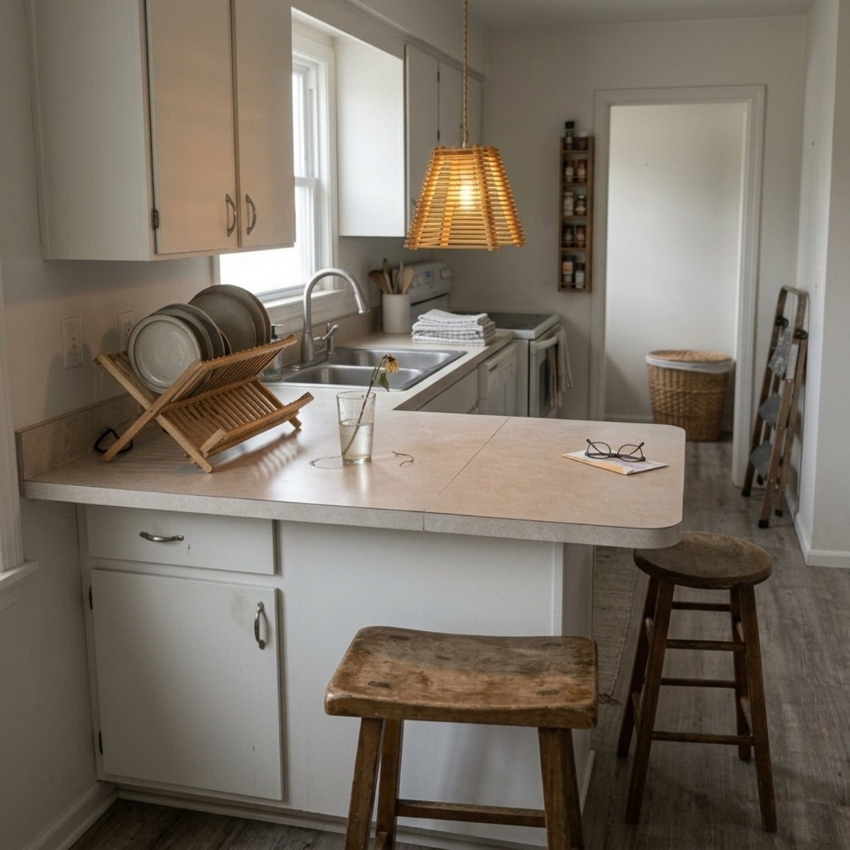 Arana Small Bamboo Pendant Light over kitchen island, two or three shades clustered at matching centers, even coverage across the counter for real prep visibility
