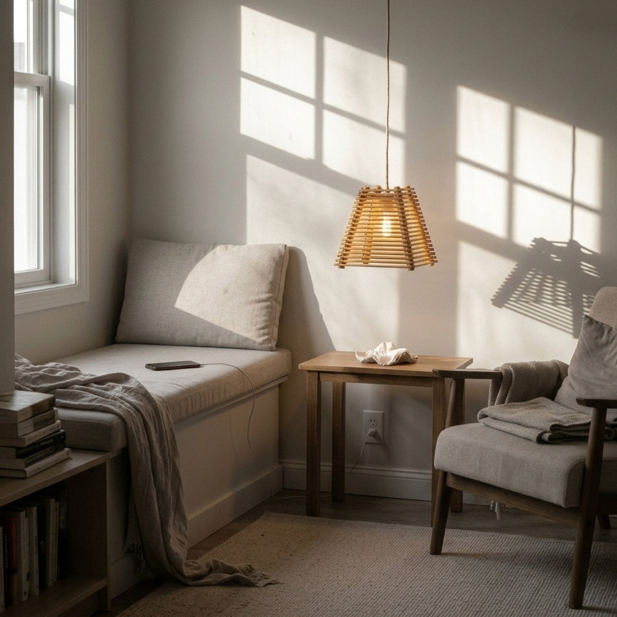 Arana Small Bamboo Pendant Light in living room, compact abstract dome provides ambient light near a reading chair without crowding the sofa and coffee table