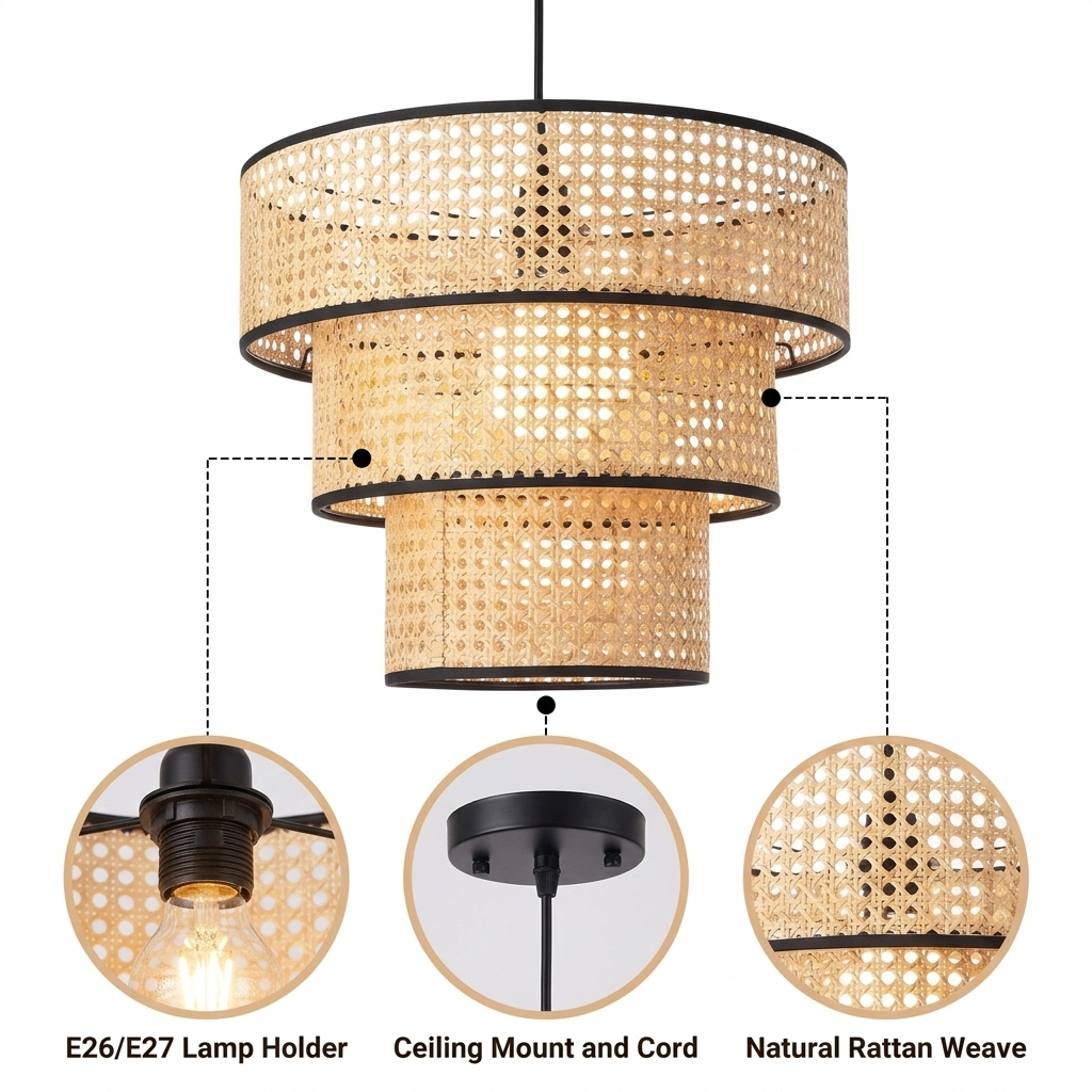 ArcoMead 3-Tiered Rattan Drum Pendant Light with open hand-woven rattan lattice, natural matte finish, adjustable hardwired mounting, one E26 socket balancing upward and downward light