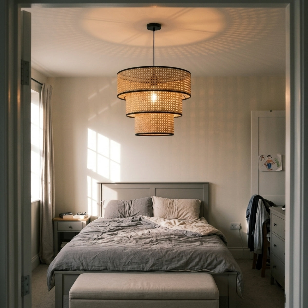 ArcoMead Rattan Drum Pendant Light in bedroom, single tier beside the bed replaces a table lamp, freeing nightstand space without crowding the headboard on either side