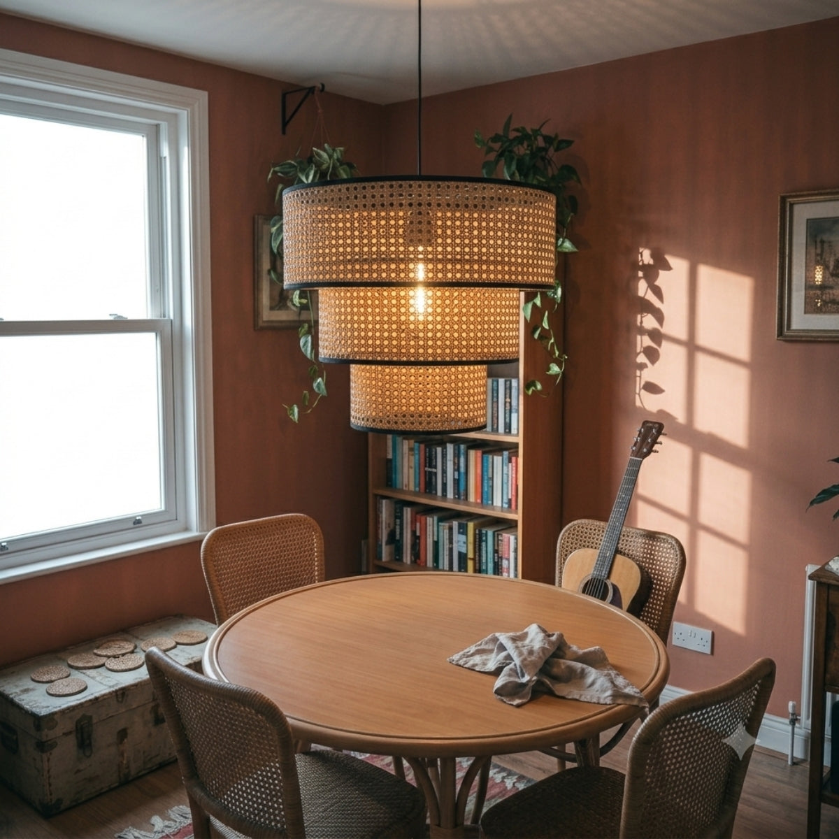ArcoMead Rattan Drum Pendant Light in dining room, 23.6-inch tier centers over the table, its edge kept inside the tabletop width so light falls on the surface