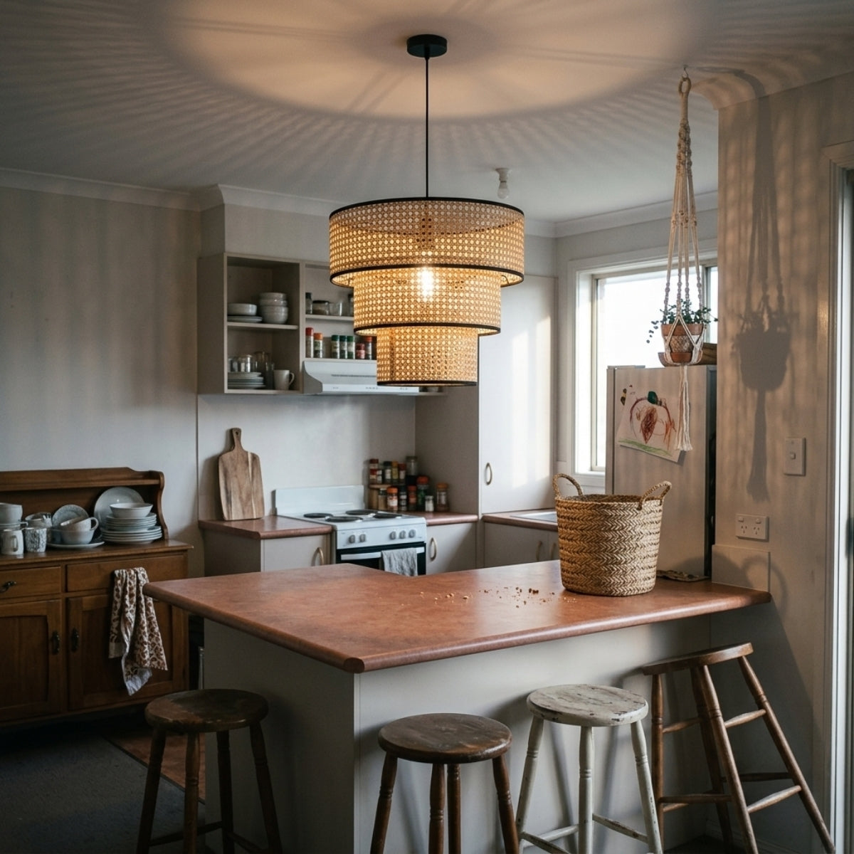 ArcoMead Rattan Drum Pendant Light over kitchen island, clustered tiers spaced evenly along the counter, keeping light even across the whole prep surface for cooking