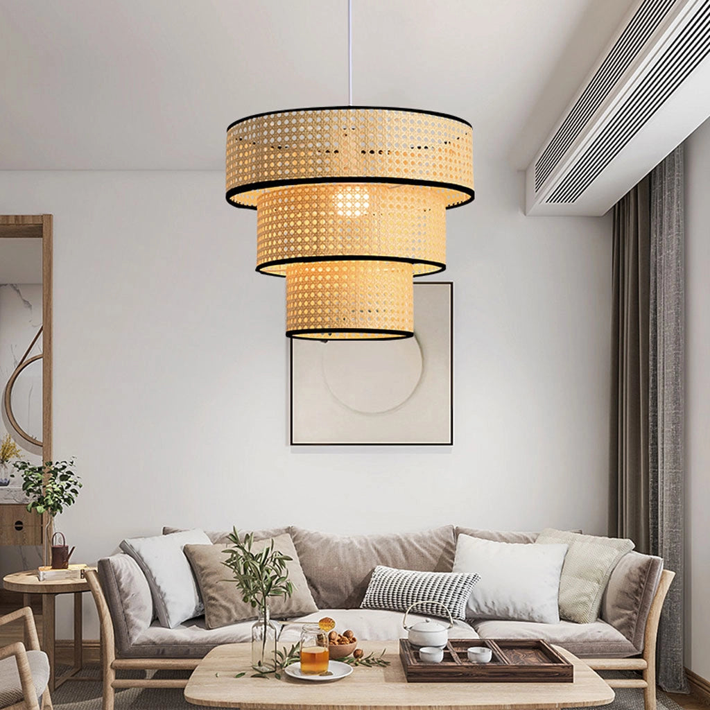 ArcoMead Tiered Rattan Pendant Light in living room