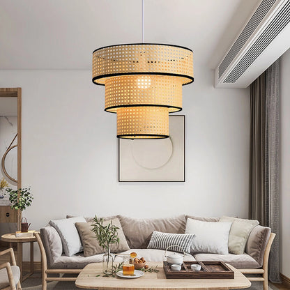 ArcoMead Tiered Rattan Pendant Light in living room