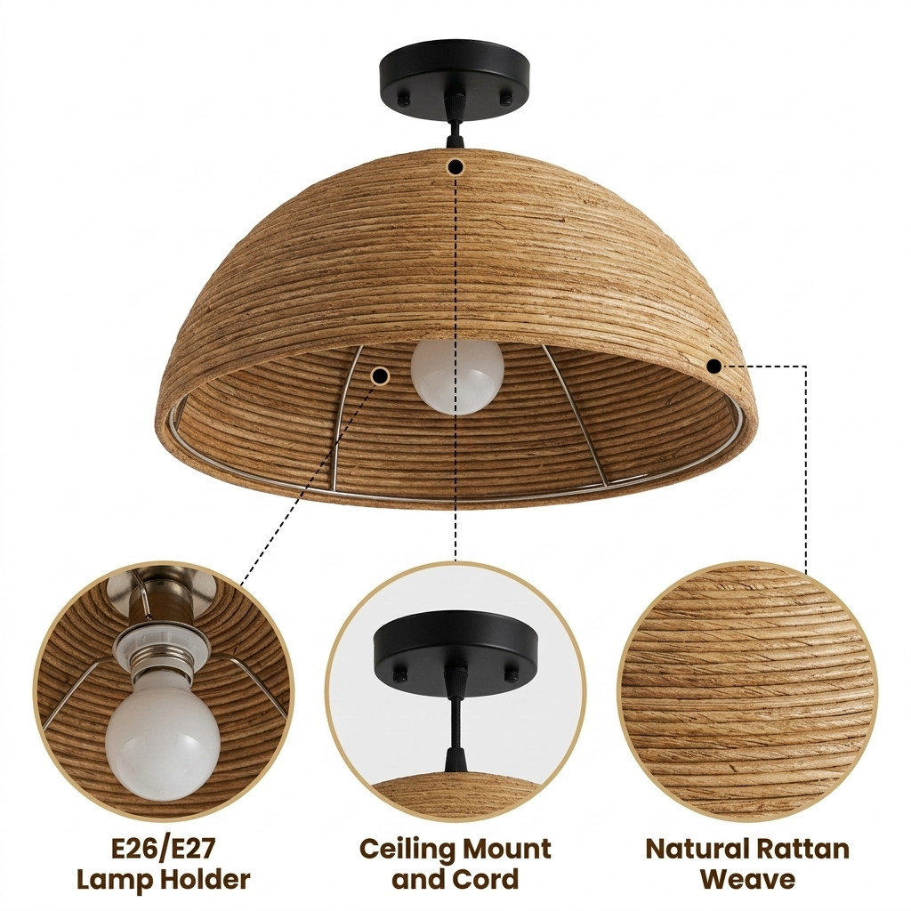 Arden Nickel Rattan Ceiling Light with horizontal coil weave and concentric ring pattern, brown matte finish, flush-mount hardwired or plug-in installation, one E26 socket for ambient glow
