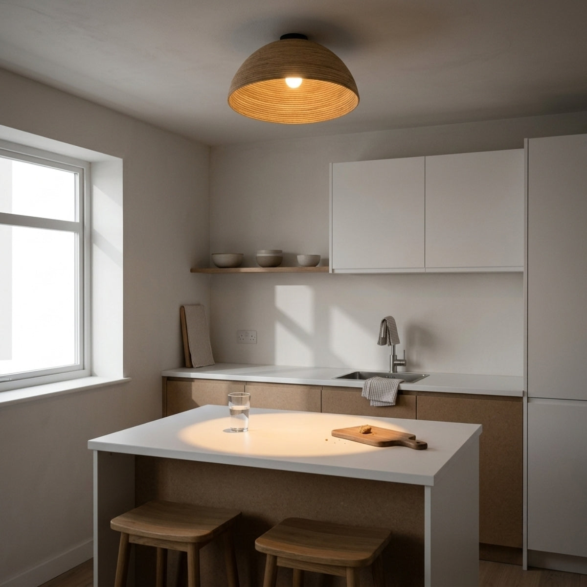 Arden Nickel Rattan Ceiling Light over kitchen island, two or three domes clustered 24-30 inches apart, coil pattern staying visible along the counter run
