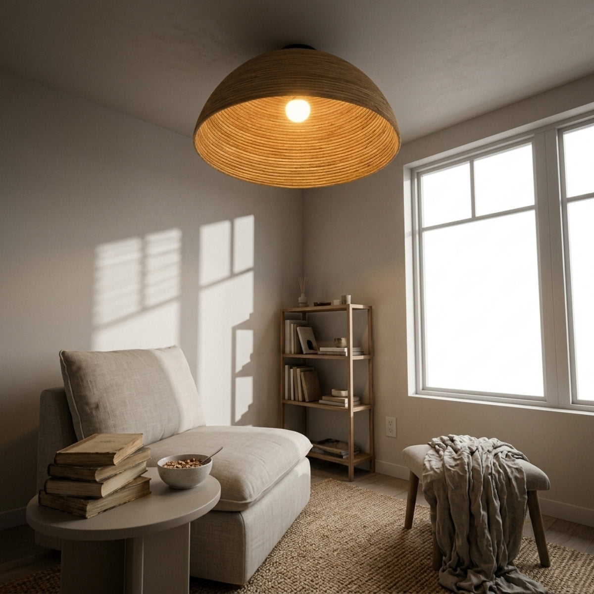 Arden Nickel Rattan Ceiling Light in living room, 23.6-inch dome centered over the coffee table as a focal point, wide weave reading as a piece to admire