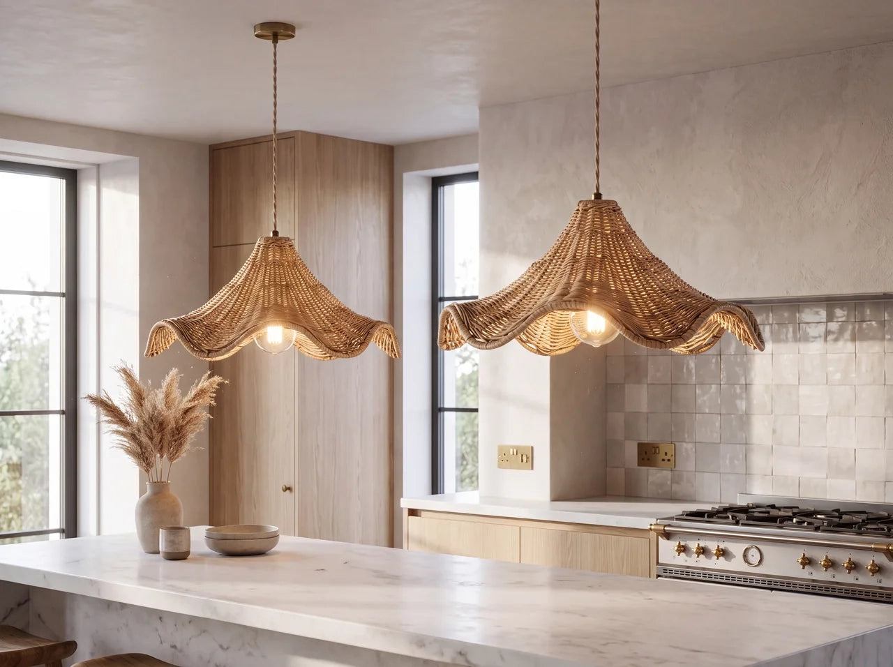 Ariel Wavy Rattan Pendants over Kitchen Island