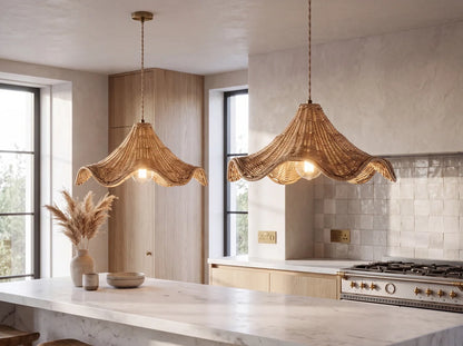 Ariel Wavy Rattan Pendants over Kitchen Island