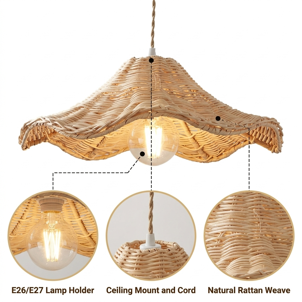 Ariel Rattan Wave Pendant Light with open lattice weave and undulating wave strips, natural matte finish, adjustable hardwired or plug-in mounting, one E26 socket for ambient glow