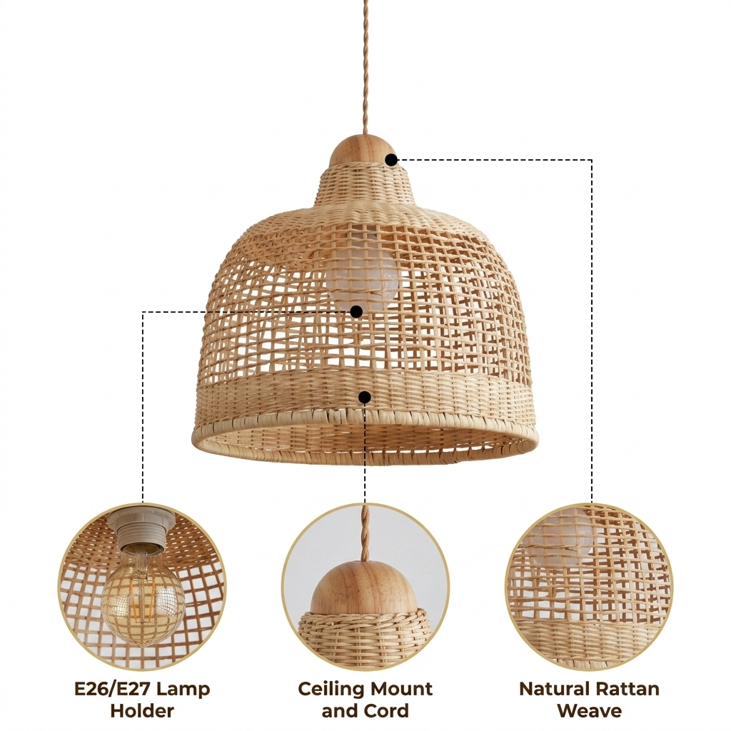 Arturesthome Rattan Basket Weave Pendant Light with open basket weave, natural matte finish, adjustable hardwired or plug-in mounting, one E26 socket casting diffused warm ambient light