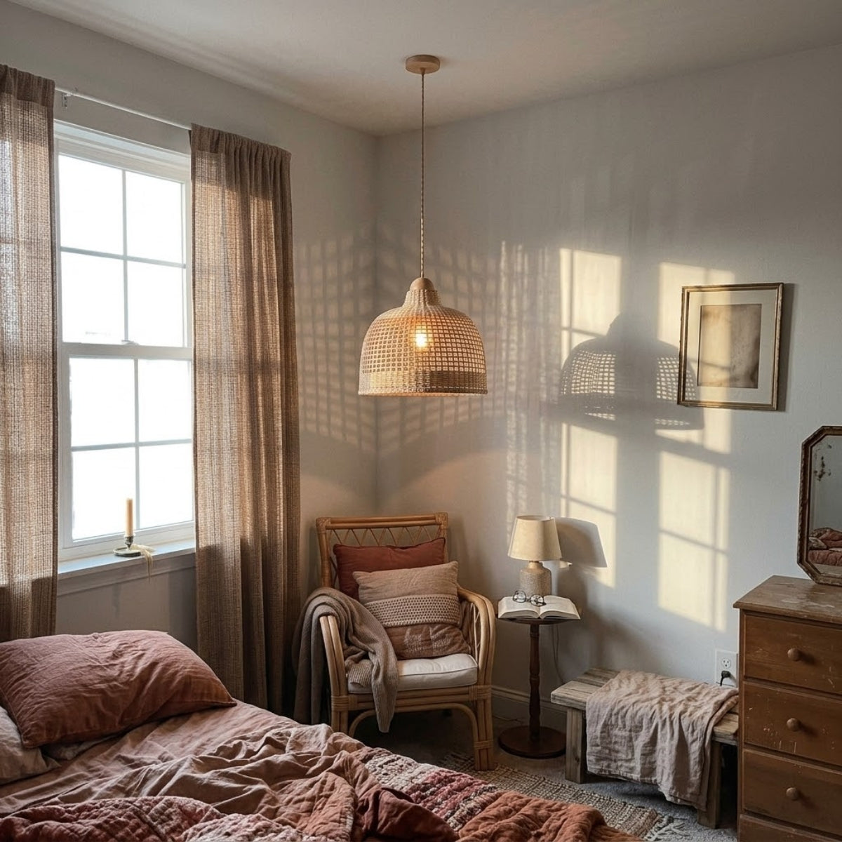 Arturesthome Rattan Basket Weave Pendant Light in bedroom, smallest dome works as a bedside pair replacing table lamps, open weave keeping light soft for reading