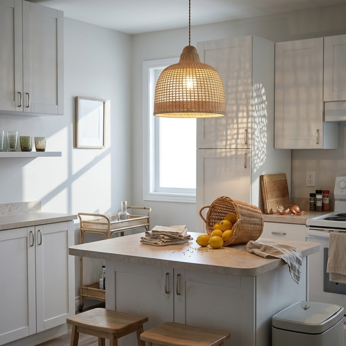 Arturesthome Rattan Basket Weave Pendant Light over kitchen island, a run of three domes spaced evenly, giving higher lumens across the whole prep surface