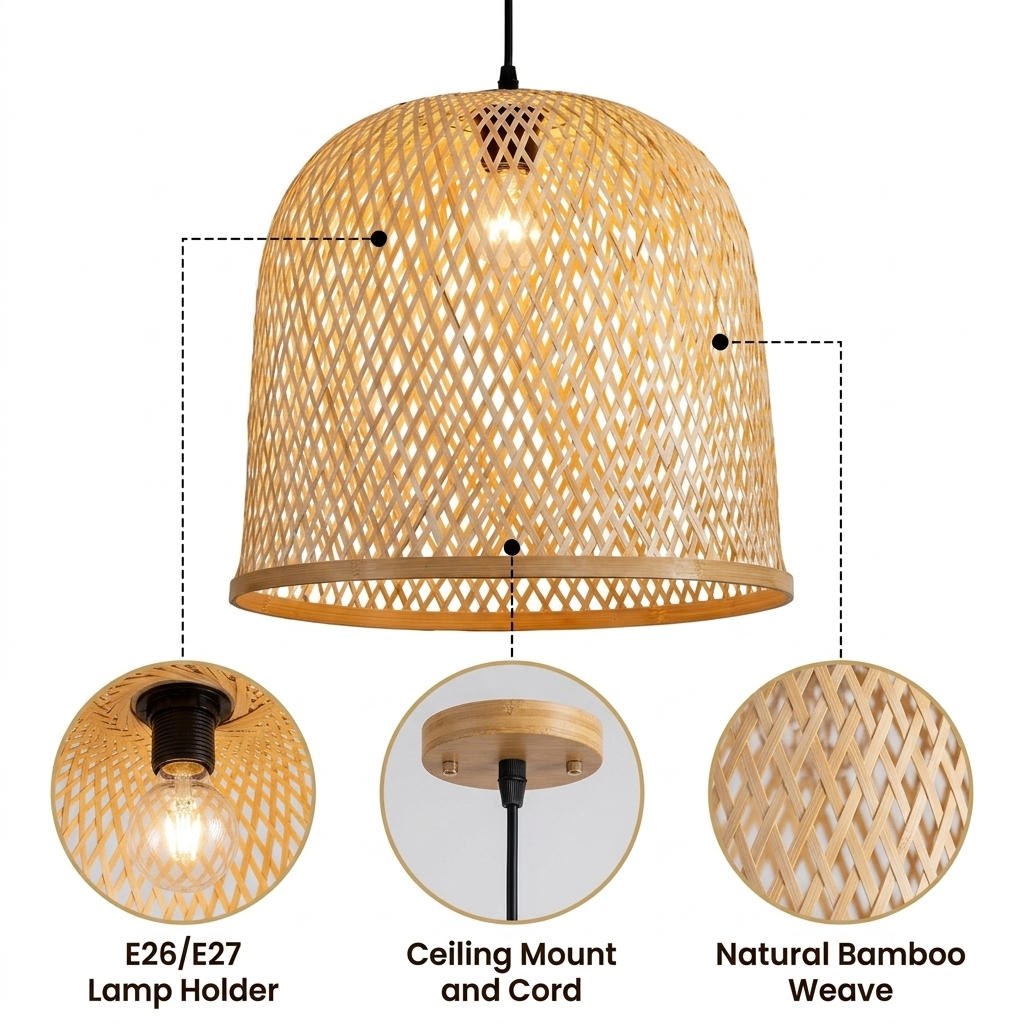 Arun Bamboo Pendant Light Shade with diamond lattice weave, natural matte finish, adjustable hardwired or plug-in mounting, one E26 socket casting warm ambient light and shadow
