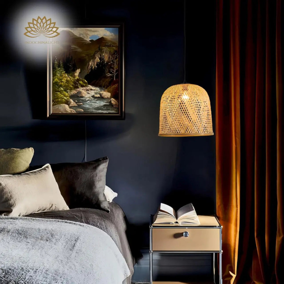 Arun Bamboo Pendant Light Shade in bedroom, shade replaces a table lamp beside the bed, hung above the nightstand so light clears a reaching hand safely