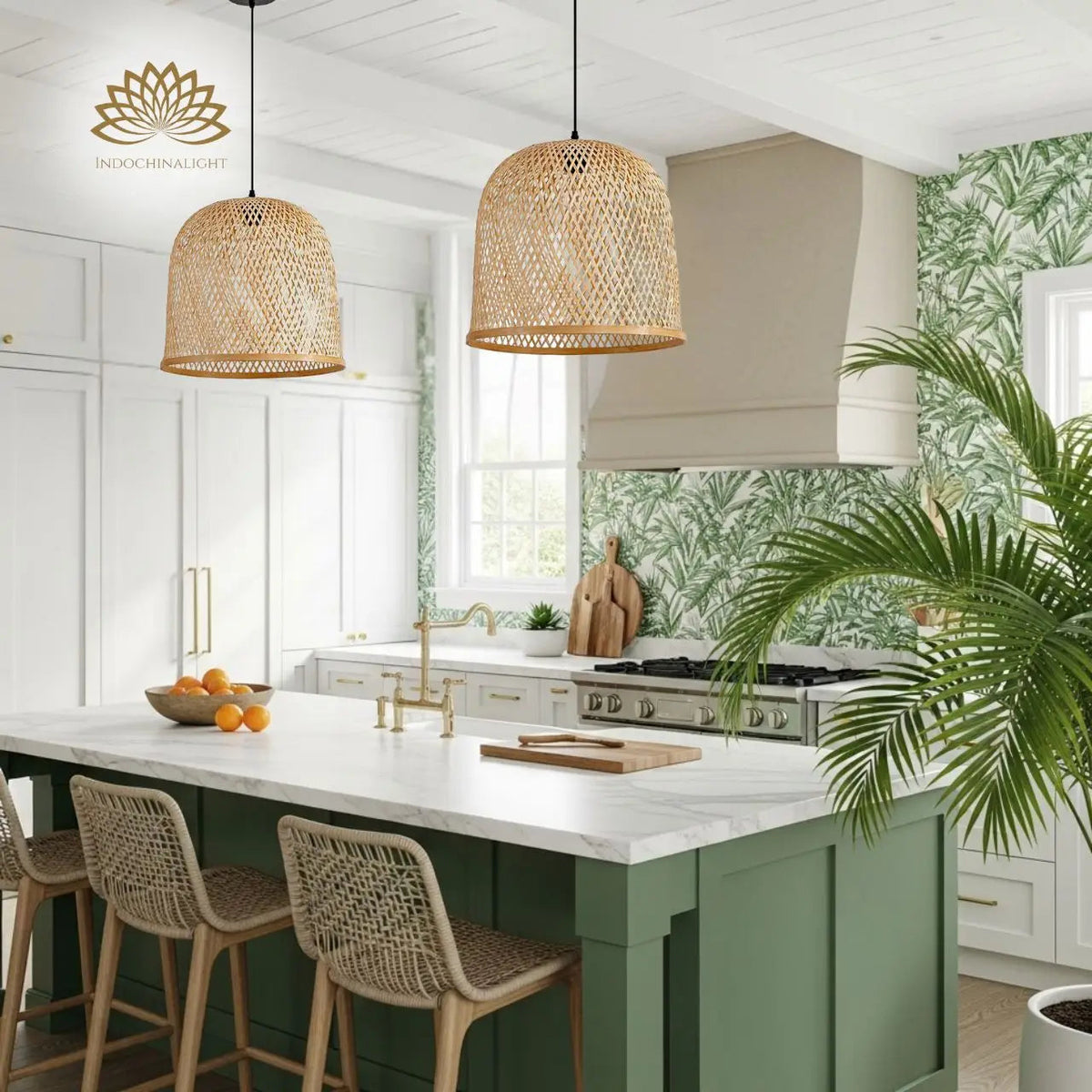 Arun Bamboo Pendant Light Shade over kitchen island, two or three shades grouped along the counter, spaced evenly for consistent coverage across the prep surface