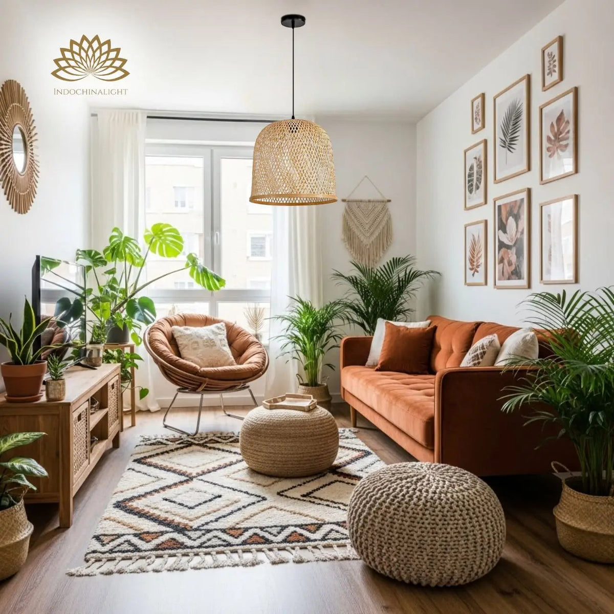 Arun Bamboo Pendant Light Shade in living room, 23.6-inch shade hangs as a centerpiece over the coffee table, lattice glow reading as ambient rather than task light
