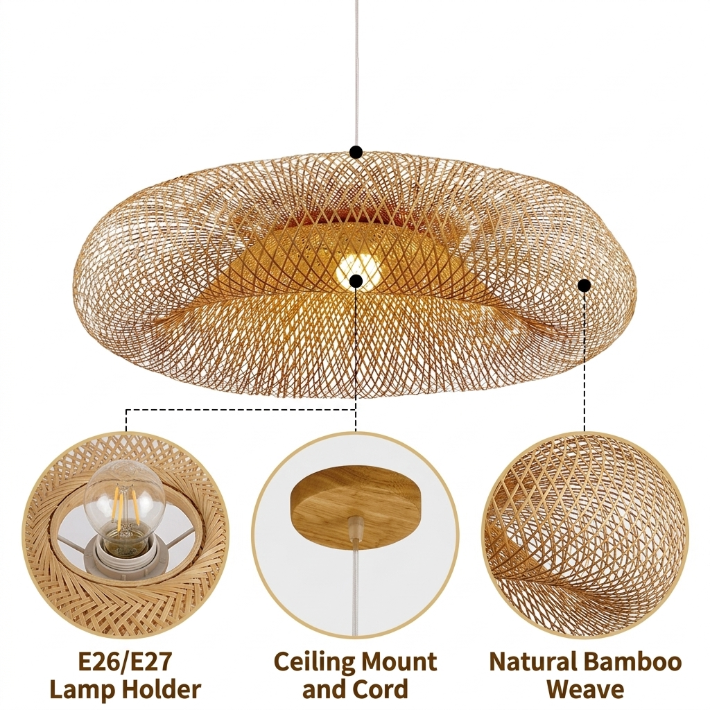 Arunee Bamboo Pendant Light with split bamboo strips woven in a radial pattern, natural matte finish, adjustable hardwired mounting, one E26 socket for soft ambient glow