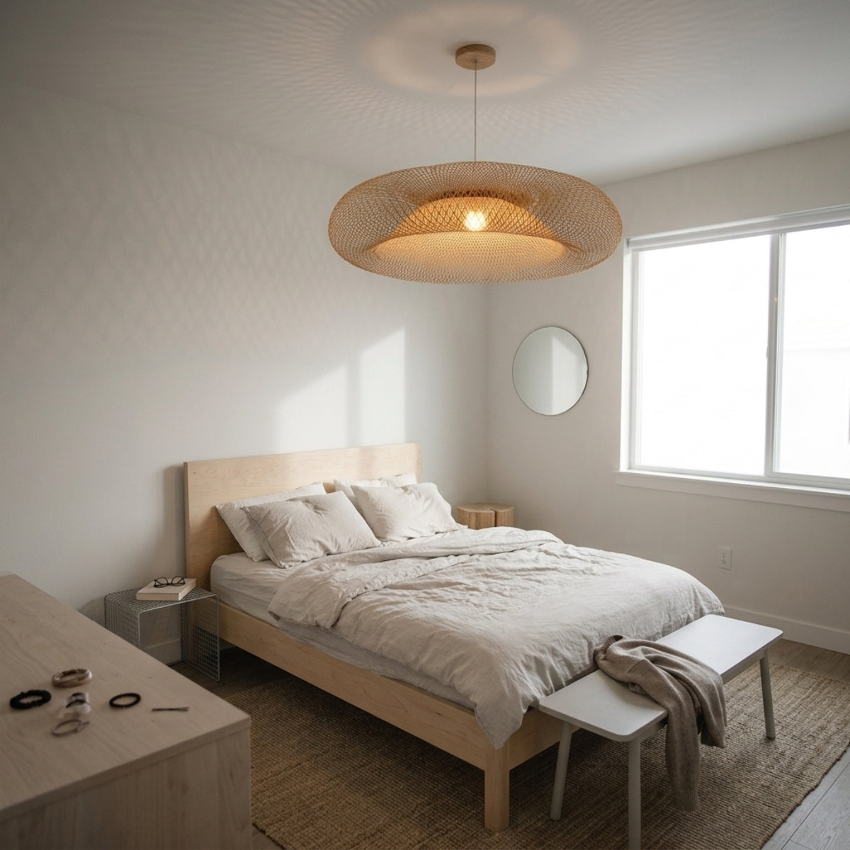 Arunee Bamboo Pendant Light in bedroom, smallest disc clears the headboard without crowding, its shallow height tucking the shade near the ceiling beside the bed