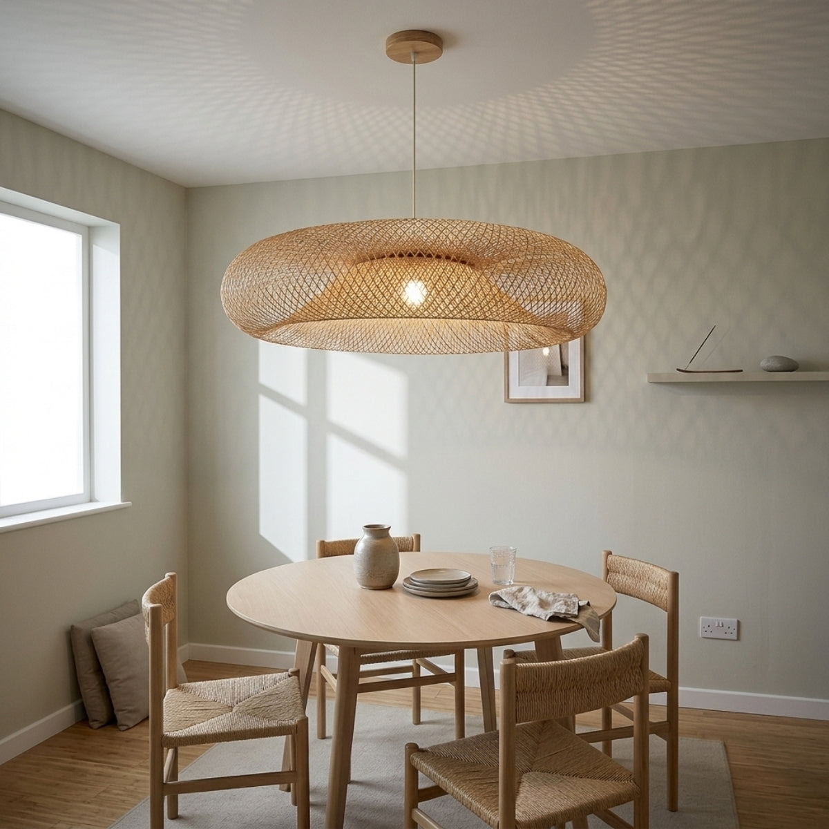 Arunee Bamboo Pendant Light in dining room, shallow 19.7-inch disc stays close to the ceiling plane while casting a wide pool of light over place settings