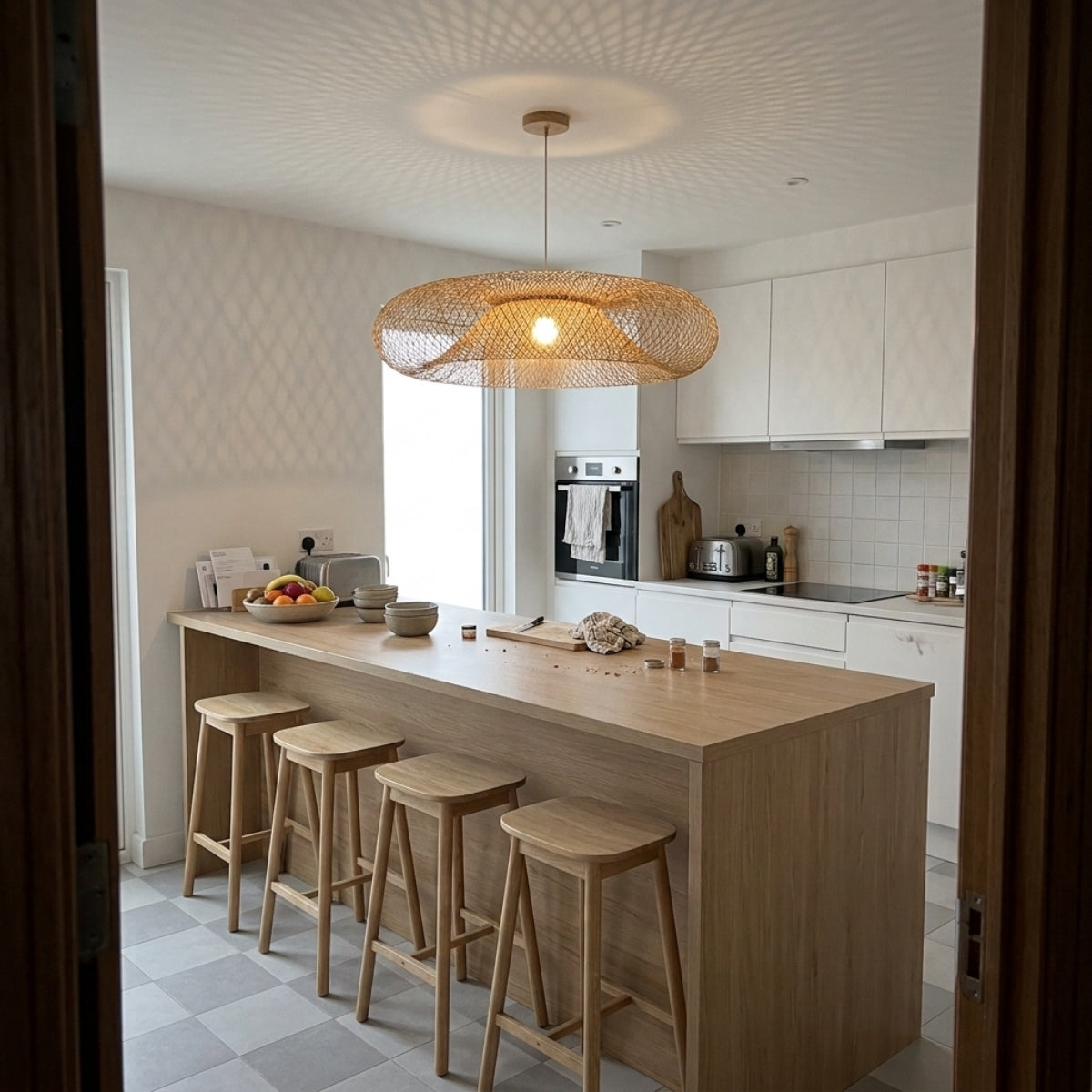 Arunee Bamboo Pendant Light over kitchen island, smallest discs clustered over prep and seating zones, light overlapping evenly along the counter for chopping tasks