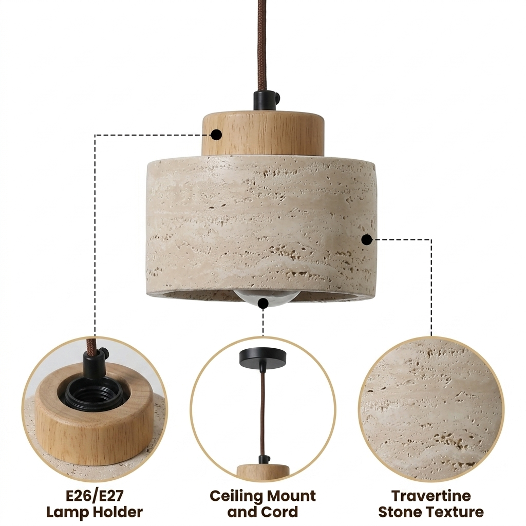 Arvo Wabi Sabi Cylinder Travertine Stone Pendant Light with precision-carved solid cylindrical form, natural matte finish, hardwired mounting, one E26 socket balancing upward and downward light