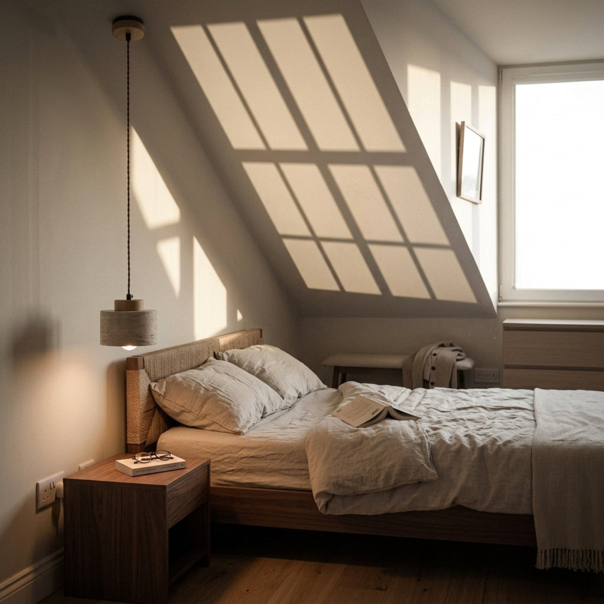 Arvo Wabi Sabi Cylinder Travertine Stone Pendant Light in bedroom, taller cylinder sits beside the bed in place of a table lamp, stone face at eye level