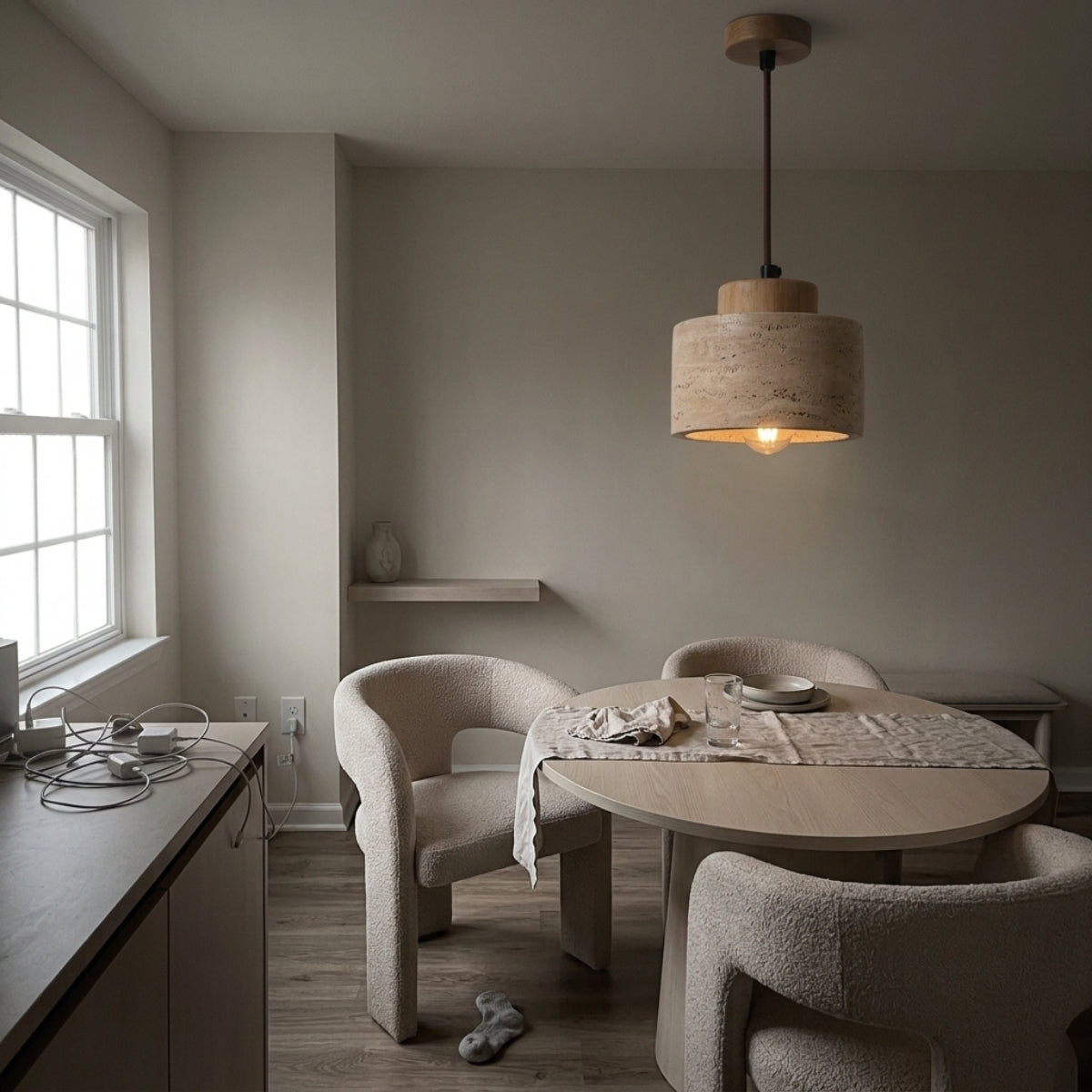 Arvo Wabi Sabi Cylinder Travertine Stone Pendant Light in dining room, taller cylinder throws a longer downward pool covering a small bistro table without glare
