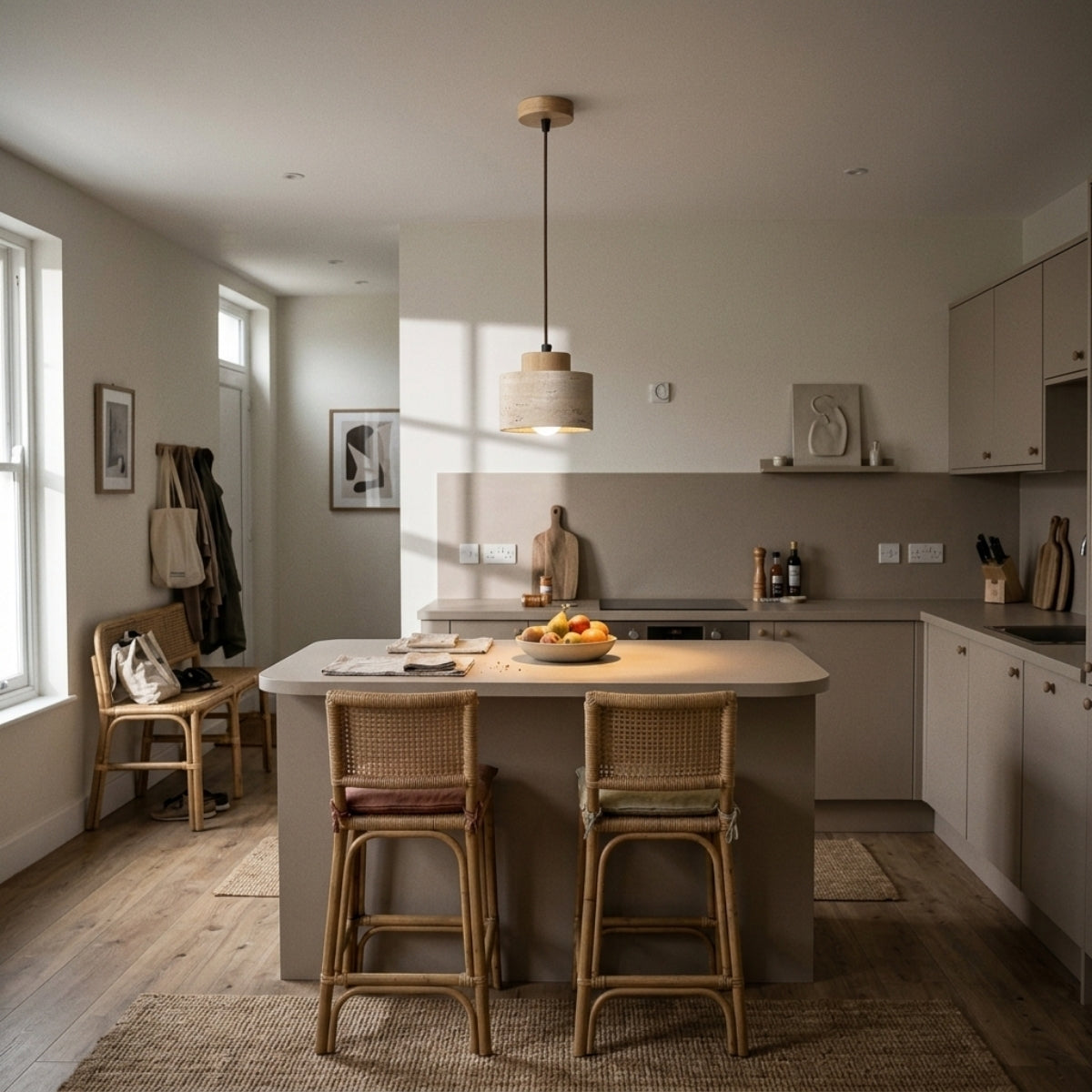 Arvo Wabi Sabi Cylinder Travertine Stone Pendant Light over kitchen island, clustered short cylinders in odd numbers, even higher-lumen task light without one shade dominating