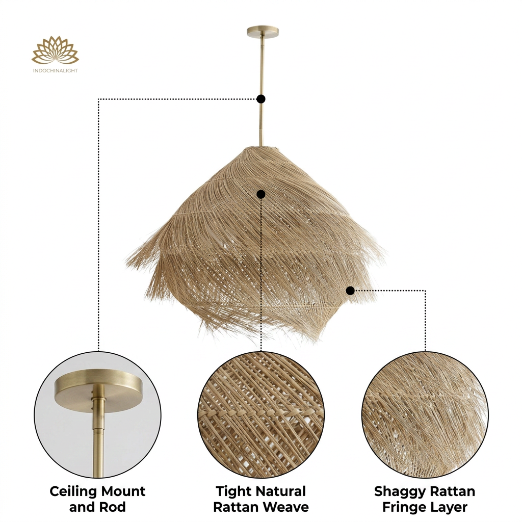 Ashburn Fringe Rattan Pendant Light with overlapping tiered rattan fringe weave, natural matte or black matte finish, adjustable cord mount, E26 socket for warm ambient glow