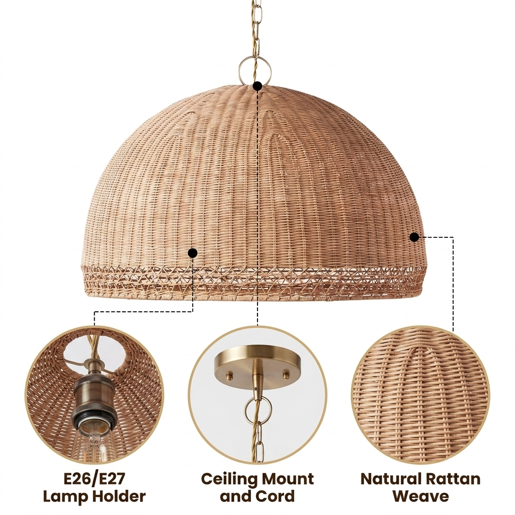 Augusta Dome Wicker Rattan Pendant Light with horizontal basketry weave and braided trim band, natural matte finish, adjustable cord mount, E26 socket for ambient glow
