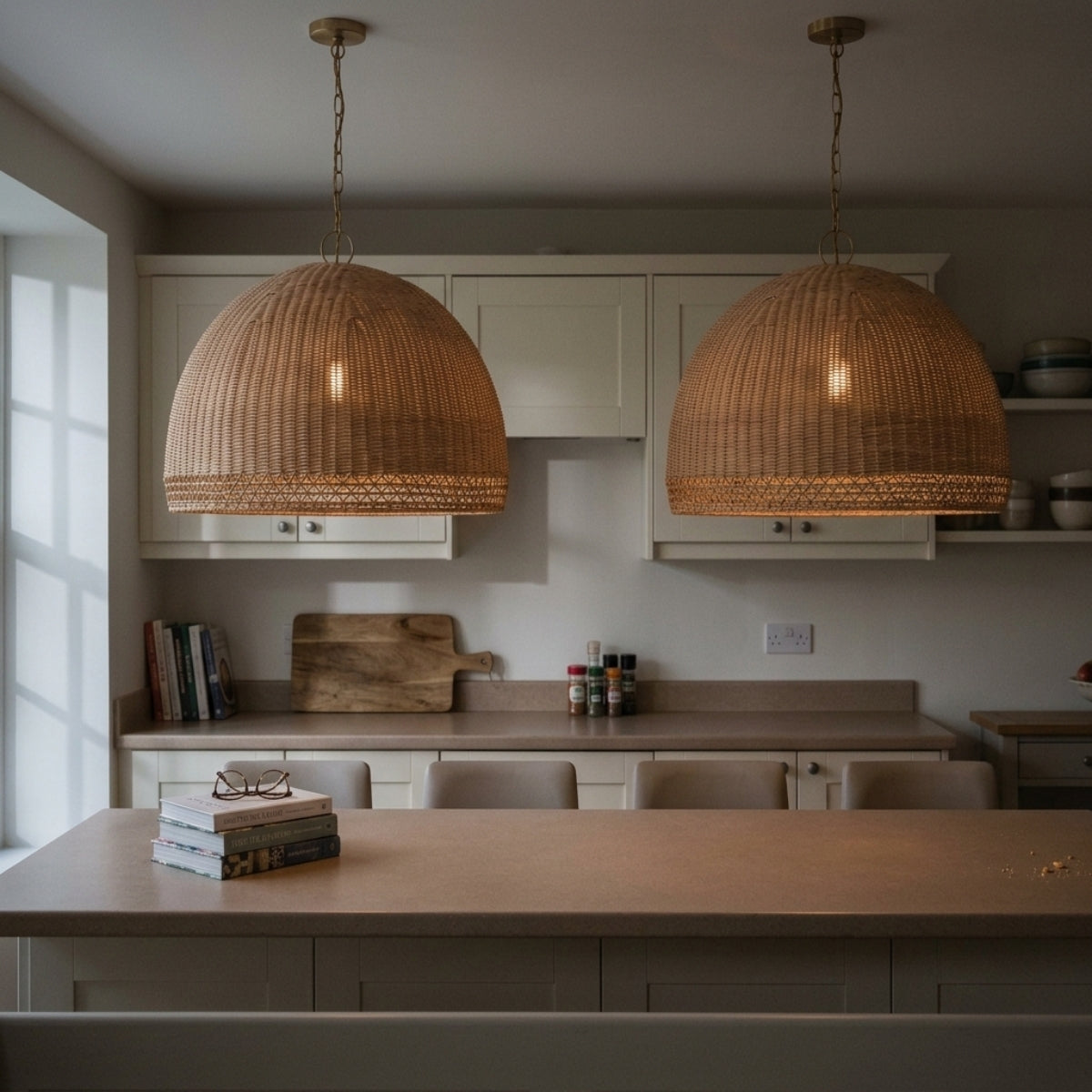 Augusta Dome Wicker Rattan Pendant Light over kitchen island, clustered domes spaced 24-30 inches apart keeping the rattan from crowding into a single mass