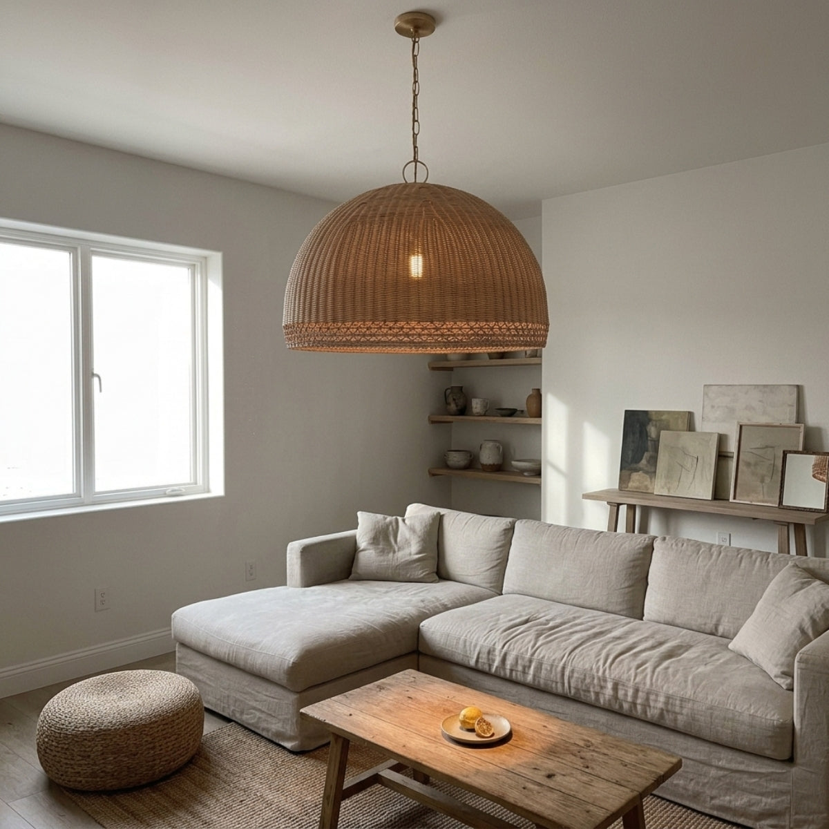 Augusta Dome Wicker Rattan Pendant Light in living room, 21.7 or 23.6-inch dome centered over the coffee table matching the sofa grouping without crowding seating