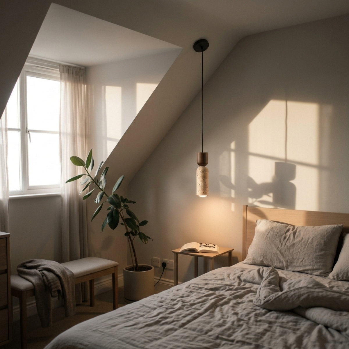 Auren Wabi Sabi Cylinder Travertine Stone and Wood Pendant Light in bedroom, narrow stone cylinder above the nightstand keeping the bedside view open and uncluttered