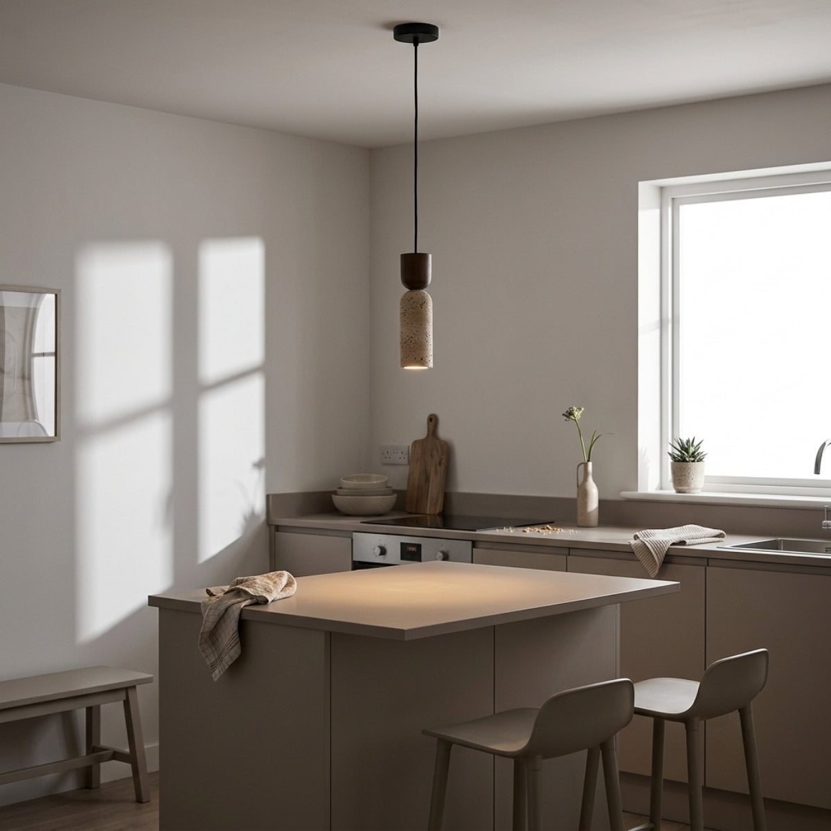 Auren Wabi Sabi Cylinder Travertine Stone and Wood Pendant Light over kitchen island, a row of three hung low for even task light across the counter