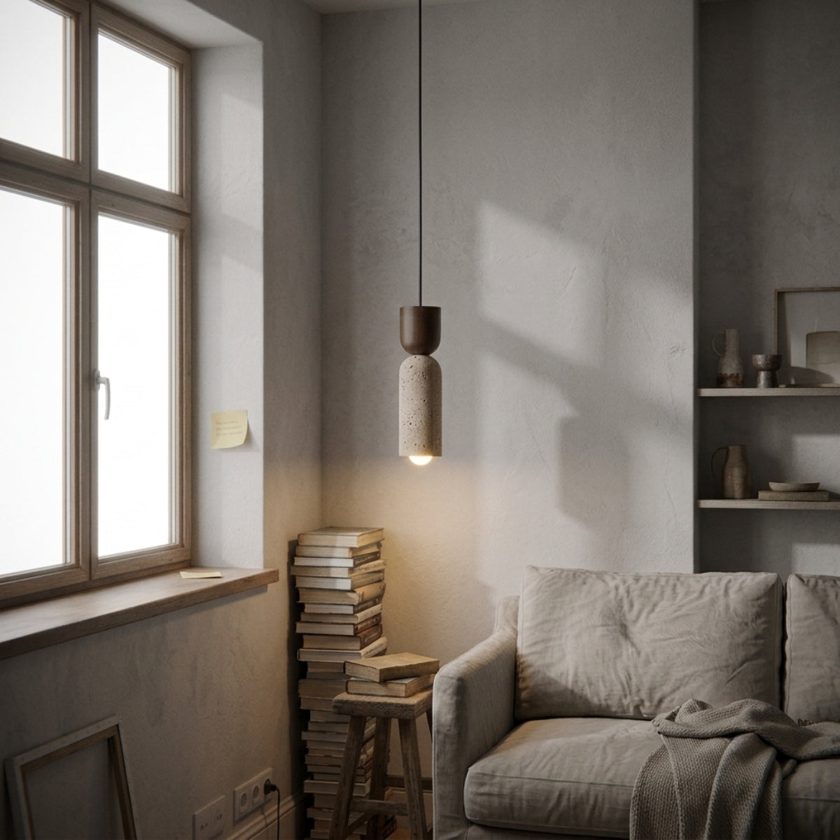 Auren Wabi Sabi Cylinder Travertine Stone and Wood Pendant Light in living room, slender cylinder above a side table keeping the glow intimate near the sofa