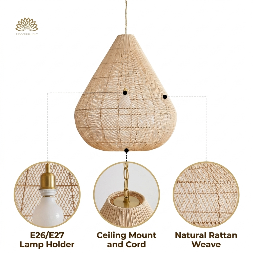 Ayanna Teardrop Rattan Pendant Light with horizontal banding coiling basket weave, natural matte finish, adjustable suspension mount, E26 socket for warm ambient light