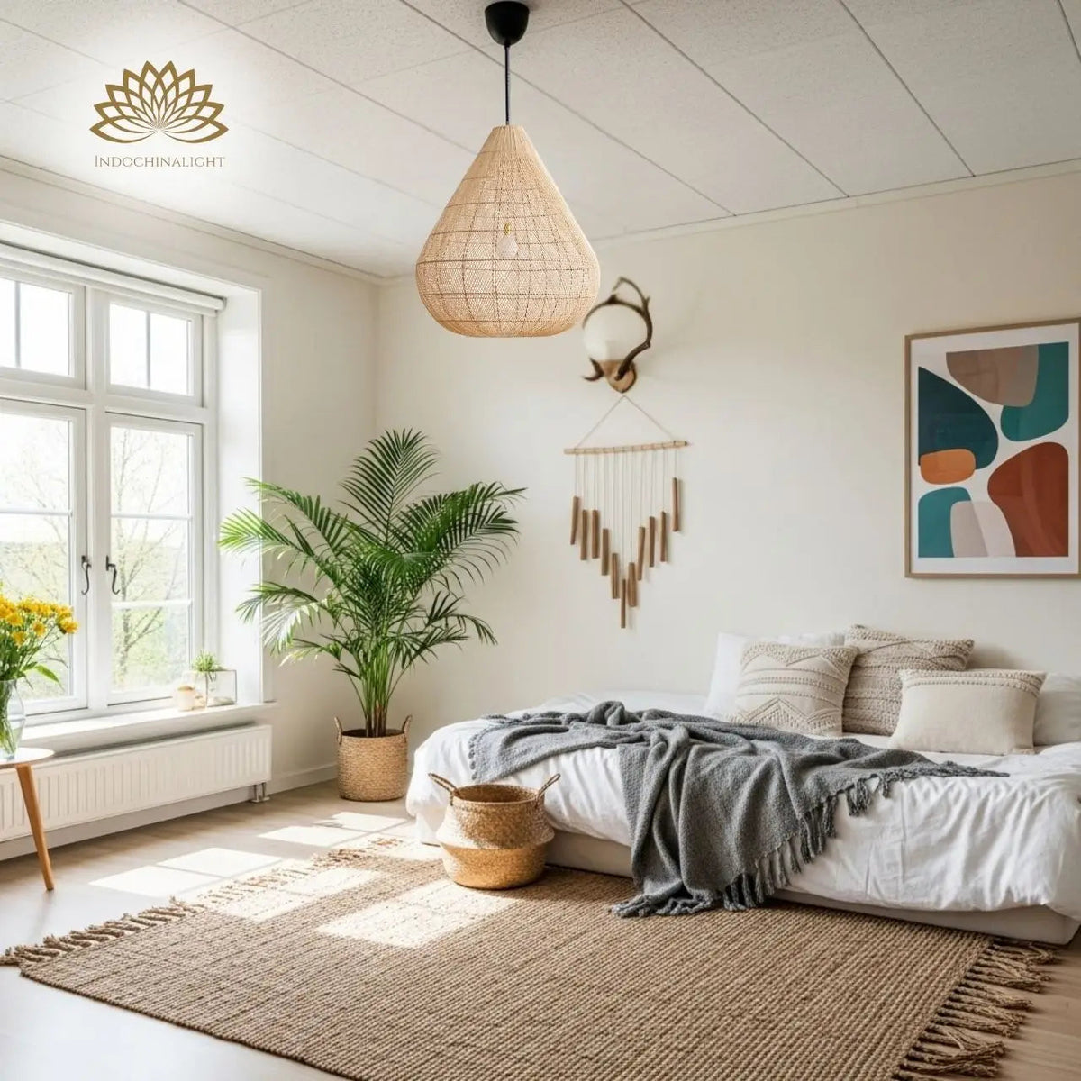 Ayanna Teardrop Rattan Pendant Light in bedroom, 19.7-inch shade beside the bed with dense coiled weave softening glare during late night reading