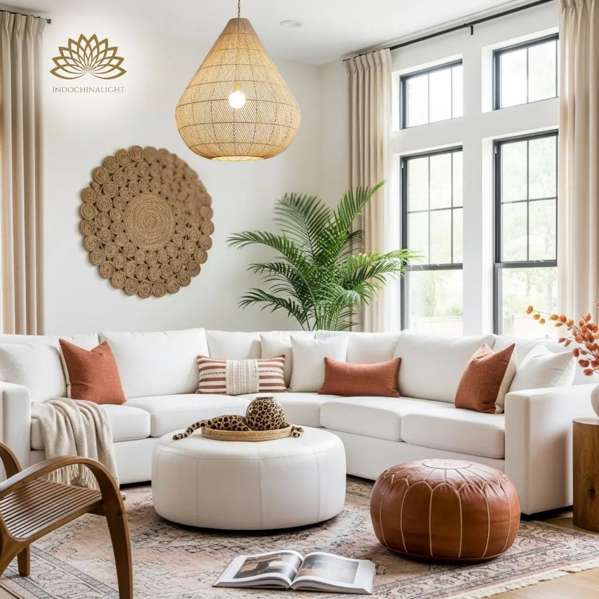 Ayanna Teardrop Rattan Pendant Light in living room, 27.5-inch teardrop shade visible above the sofa back and coffee table without crowding either piece