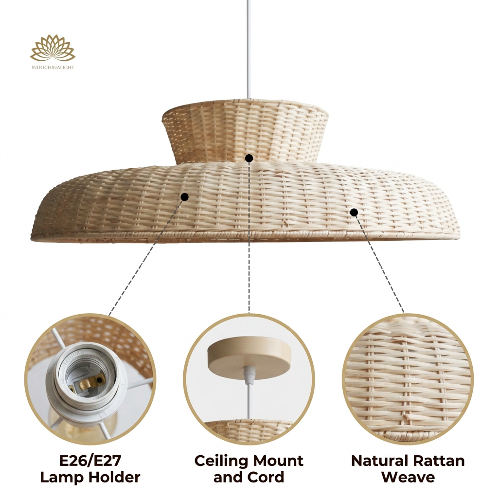 Balla Wicker Rattan Pendant Light with tight basket weave two-tier dome, natural matte or dark brown matte finish, adjustable cord mount, E26 socket for ambient light
