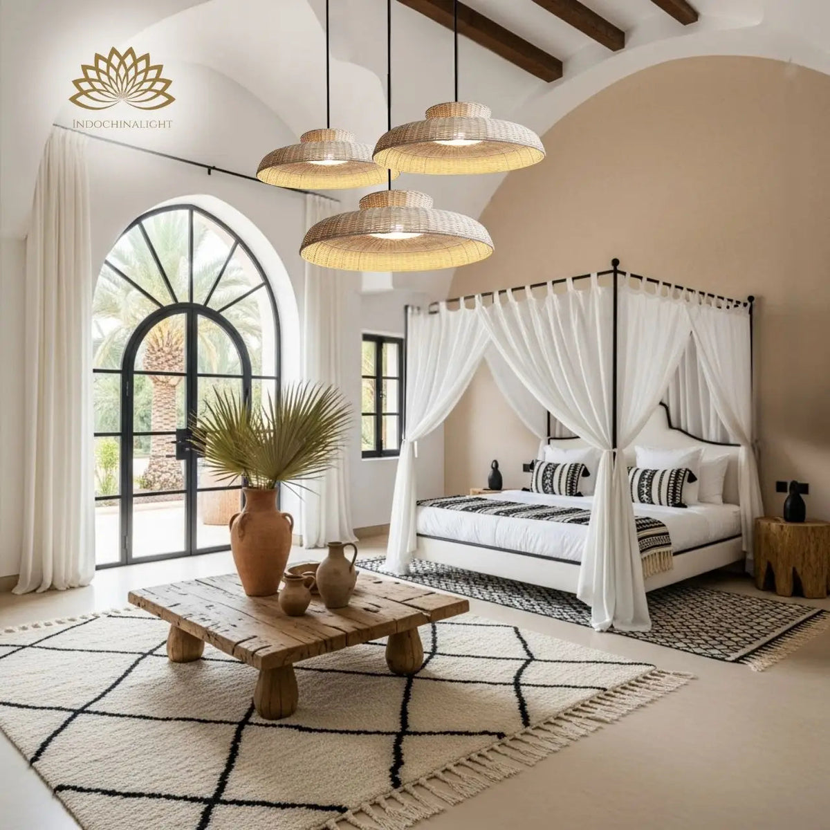 Balla Wicker Rattan Pendant Light in bedroom, 15.7-inch shade beside the mattress with tight rattan weave softening the bulb for close range reading light