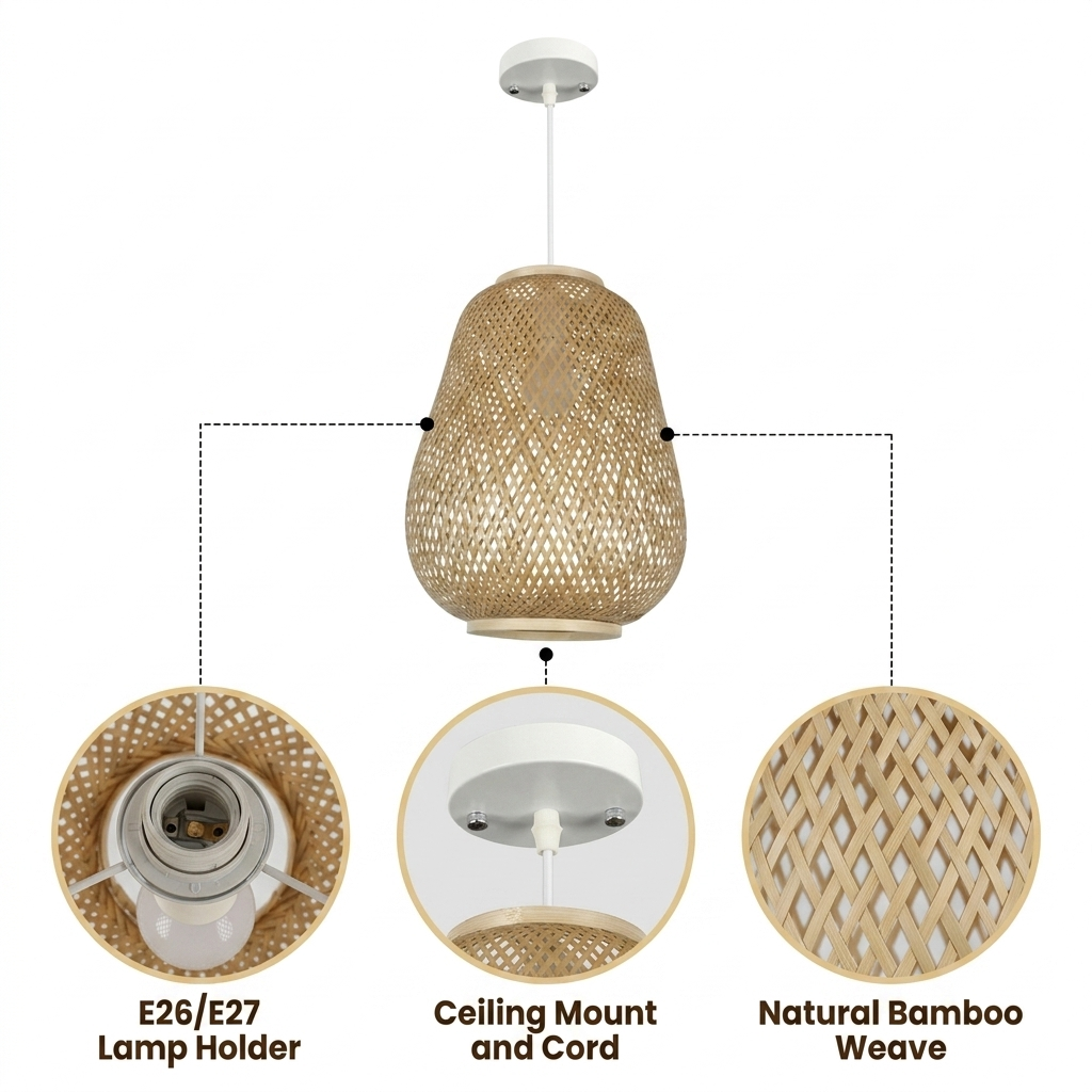 Bambuvalaisin Lauha Bamboo Woven Pendant Light Shade with diagonal diamond lattice weave, natural matte finish, adjustable cord mount, E26 socket for ambient glow