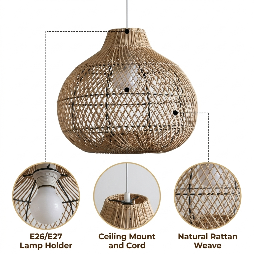 Batcheller Ball Rattan Pendant Light Basket Weave with diamond lattice gourd globe, black matte or natural matte finish, adjustable cord mount, E26 socket for ambient light