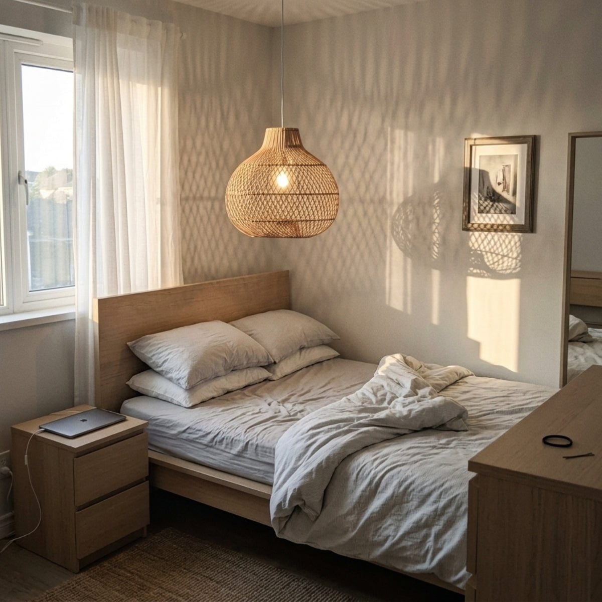 Batcheller Ball Rattan Pendant Light Basket Weave in bedroom, 15.7-inch globe beside the bed with rattan lattice softening light for late evenings without a bulky base