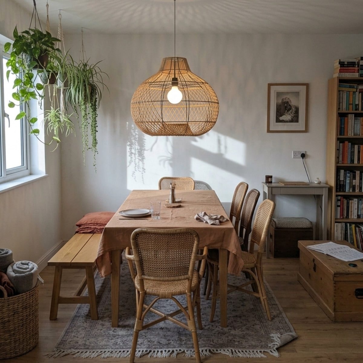 Batcheller Ball Rattan Pendant Light Basket Weave above dining table, 23.6-inch globe casting diamond lattice shadow patterns across the surface without eye-level glare